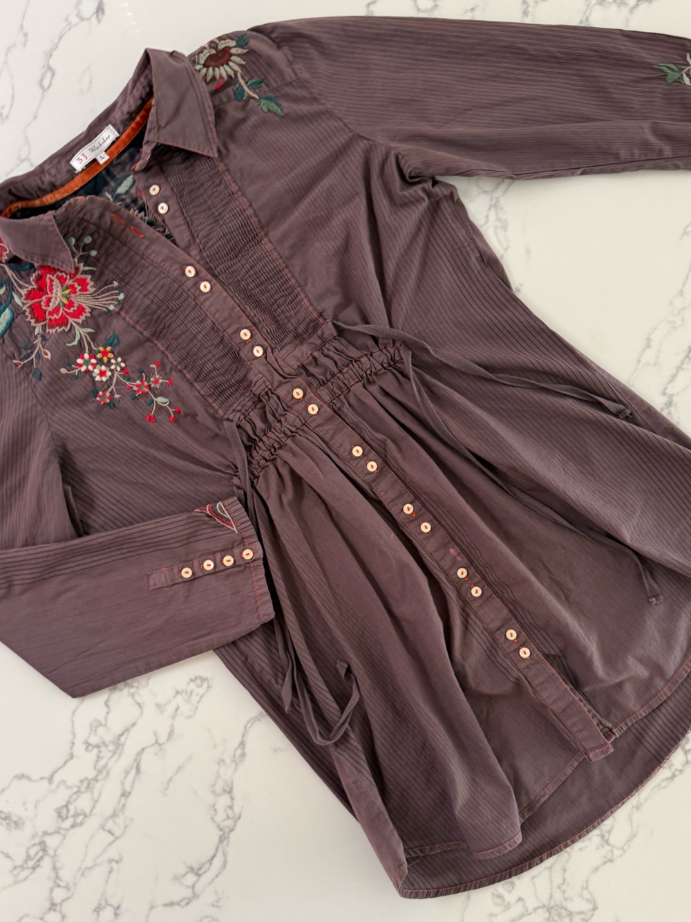 Johnny Was 3J Workshop Embroidered Tunic - Brown Pinstripe - Size Large